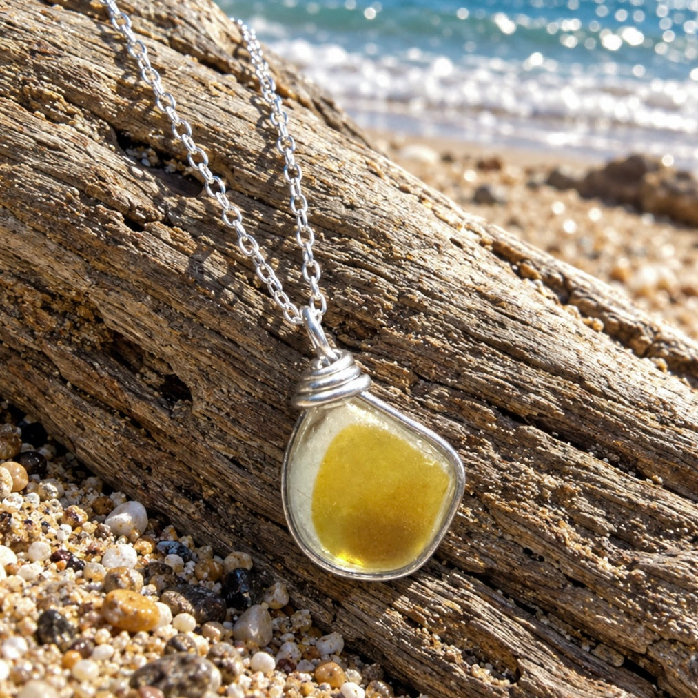 Large Rare Yellow Multi Tone Seaham Sea Glass Pendant