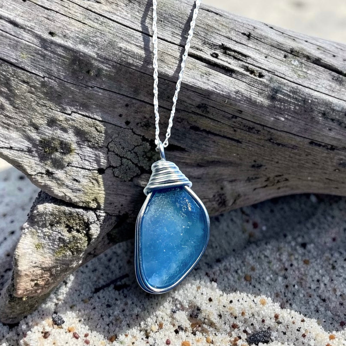 Large Mid Blue Seaham Sea Glass Pendant