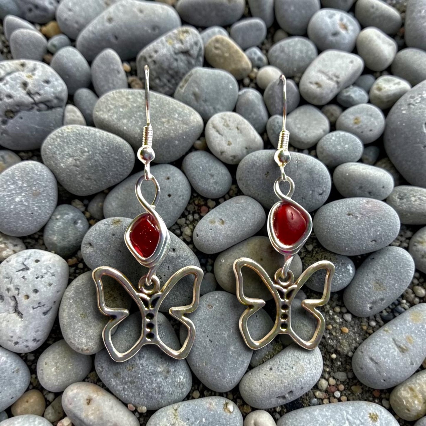 Rare Red Seaham Sea Glass Butterfly Charm Earrings
