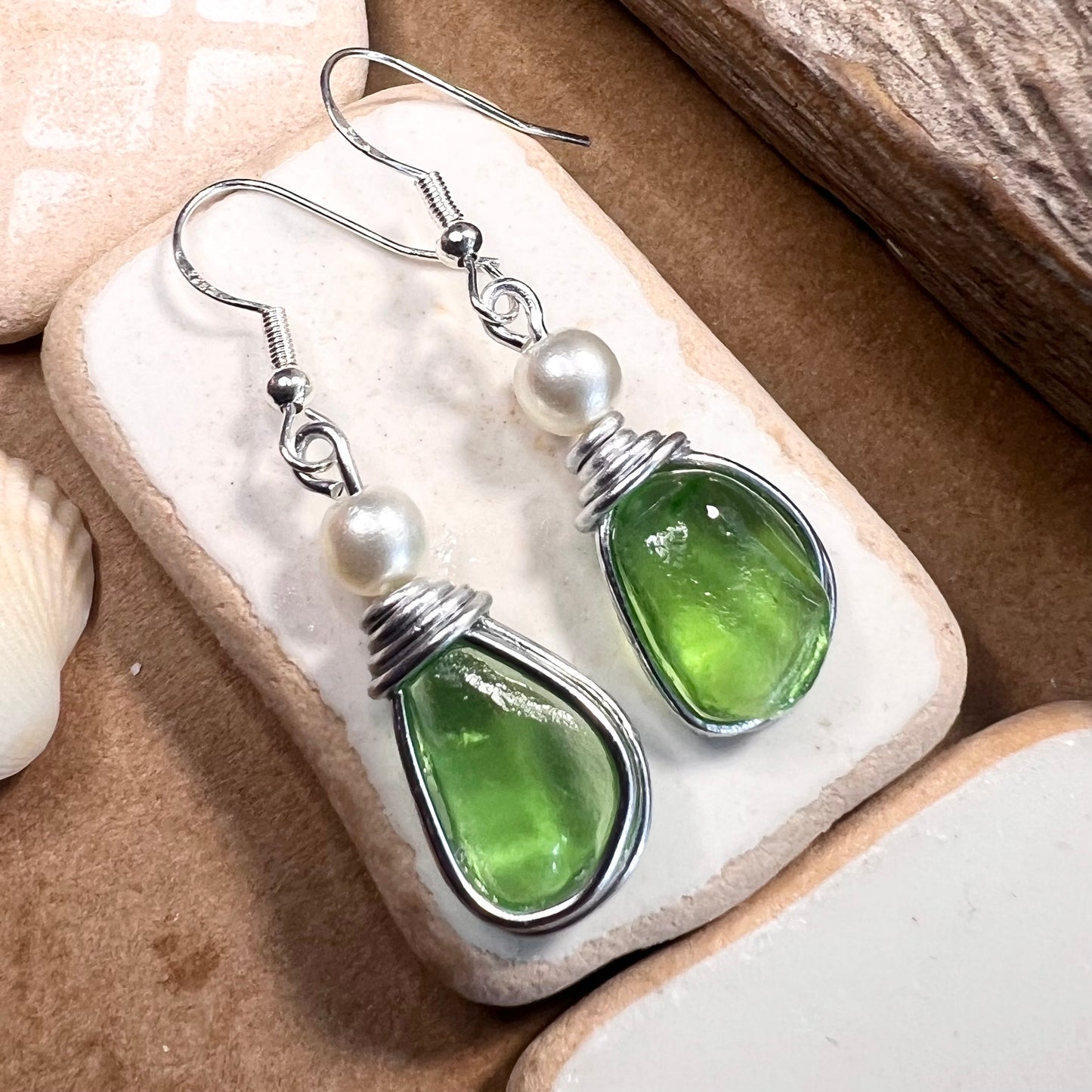 Bright Green Seaham Sea Glass Earrings
