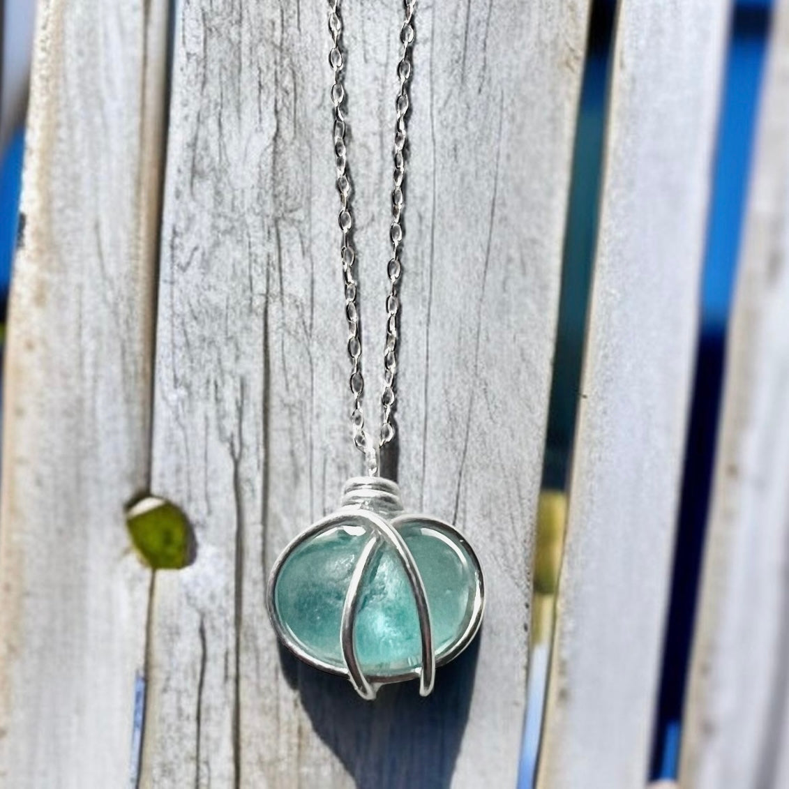 Bright Aqua Blue Heart Sea Glass Pendant