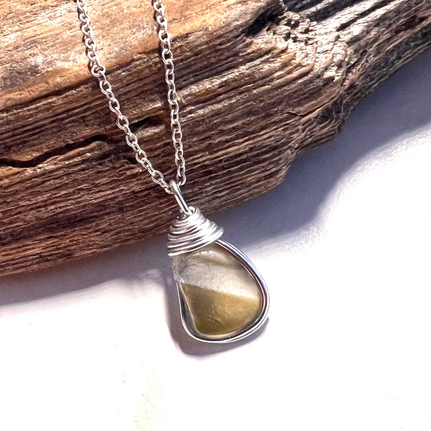 Rare Olive Stripes Green Seaham Sea Glass Chunky Pendant