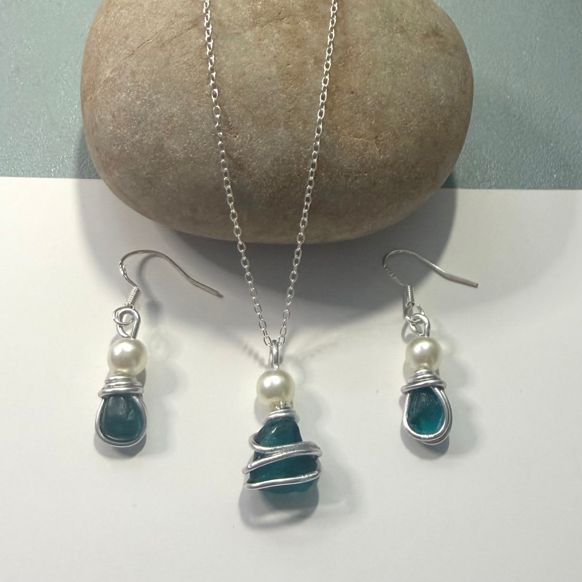 Turquoise Green Seaham Sea Glass Jewellery Set