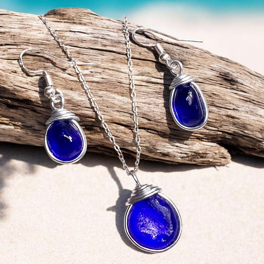 Deep Blue Seaham Sea Glass Jewellery Set
