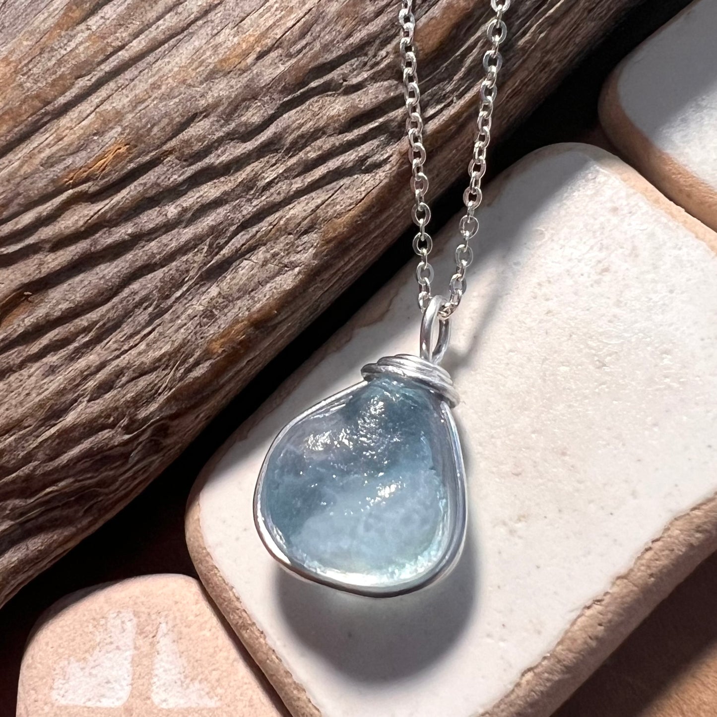 Chunky Pale Blue Seaham Sea Glass Pendant