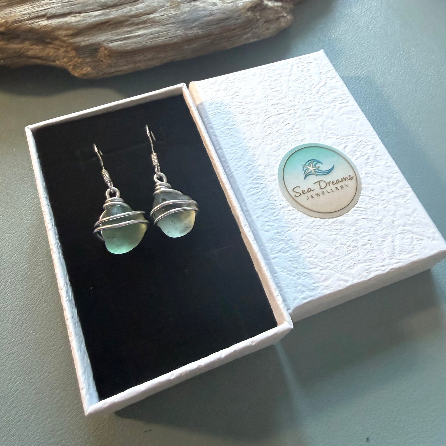 Pale Green Seaham Sea Glass Earrings