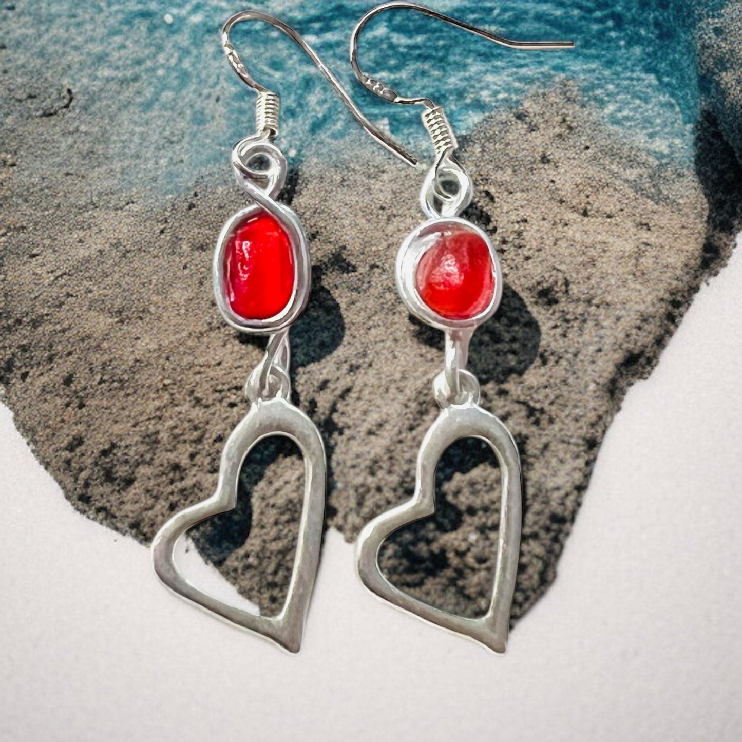 Red Sea Glass and Heart Dangly Earrings