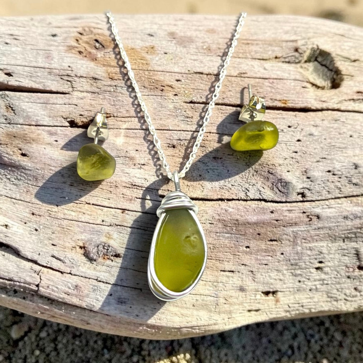 Olive Green Seaham Sea Glass Jewellery Set