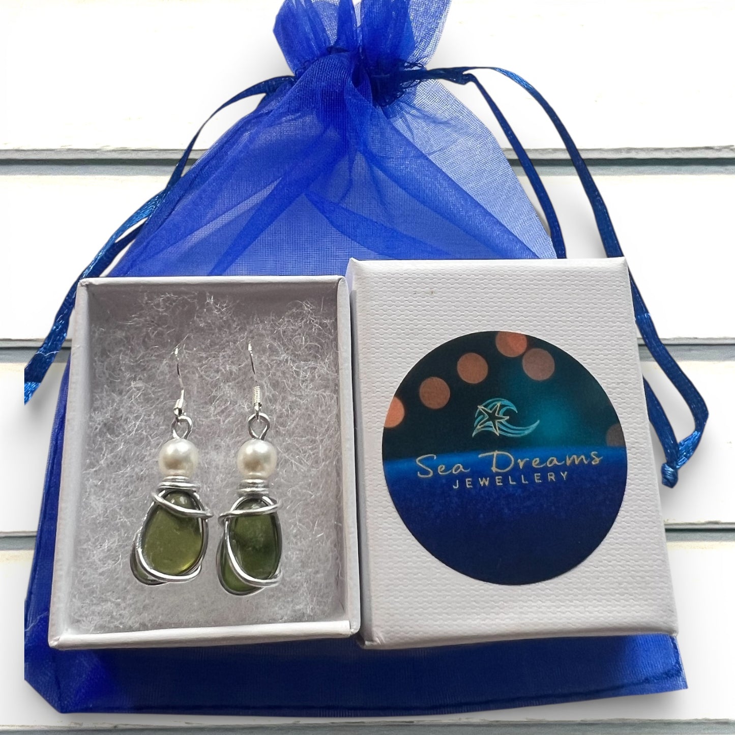 Green Seaham Sea Glass and Glass Pearl Earrings