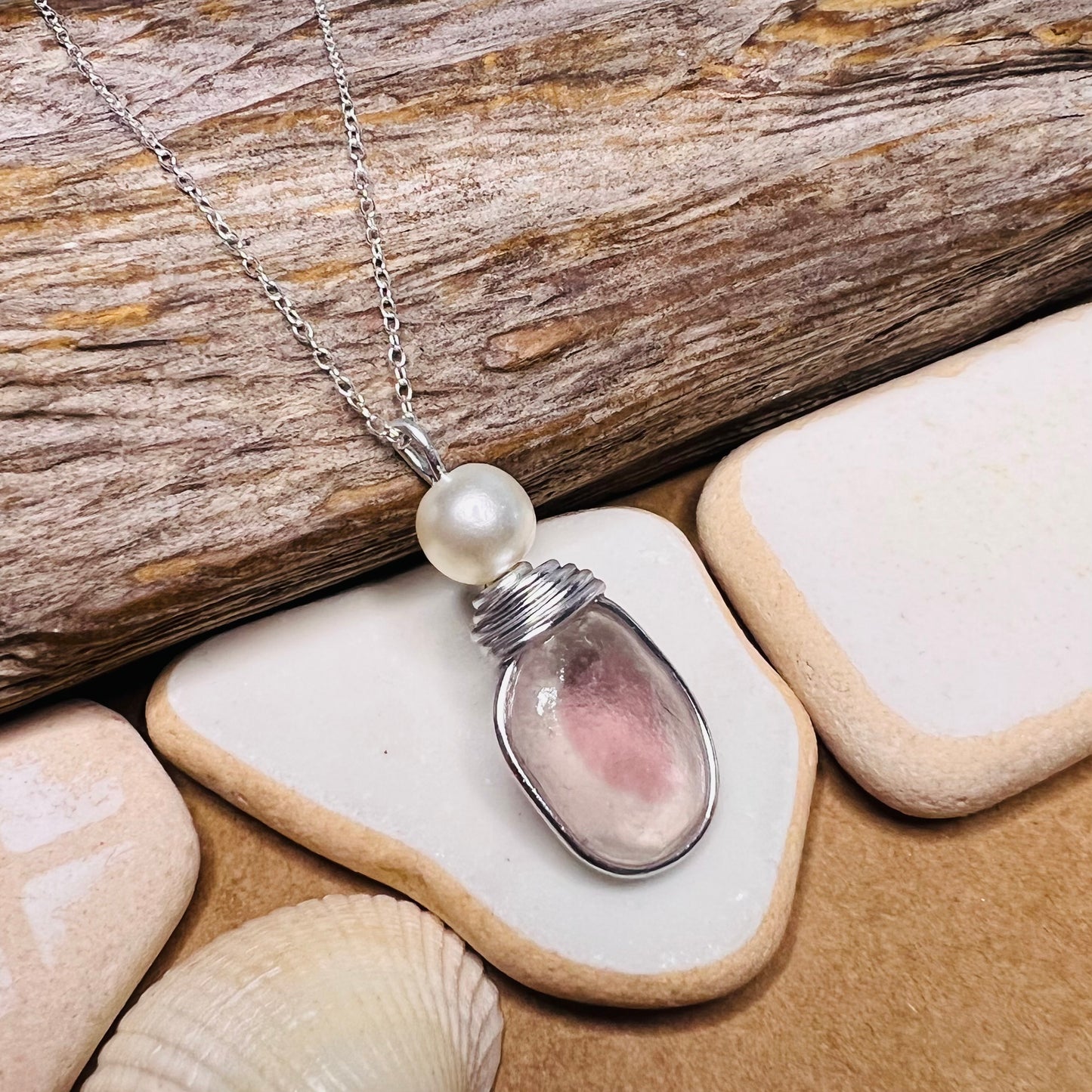 Pale Pale Pink & White Seaham Sea Glass Multi Pendant