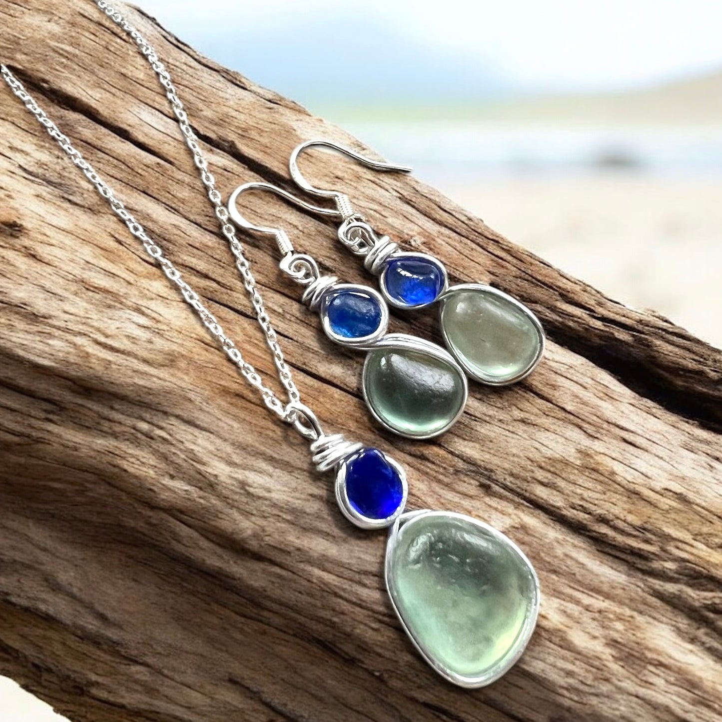 Aqua and Blue Seaham Sea Glass Jewellery Set