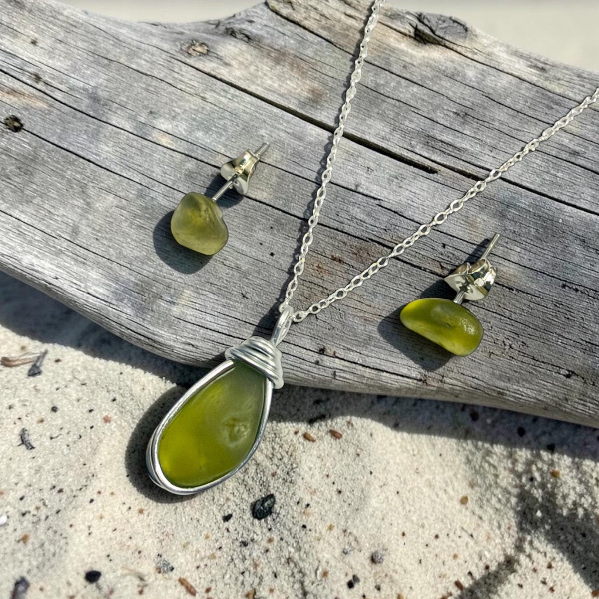 Olive Green Seaham Sea Glass Jewellery Set