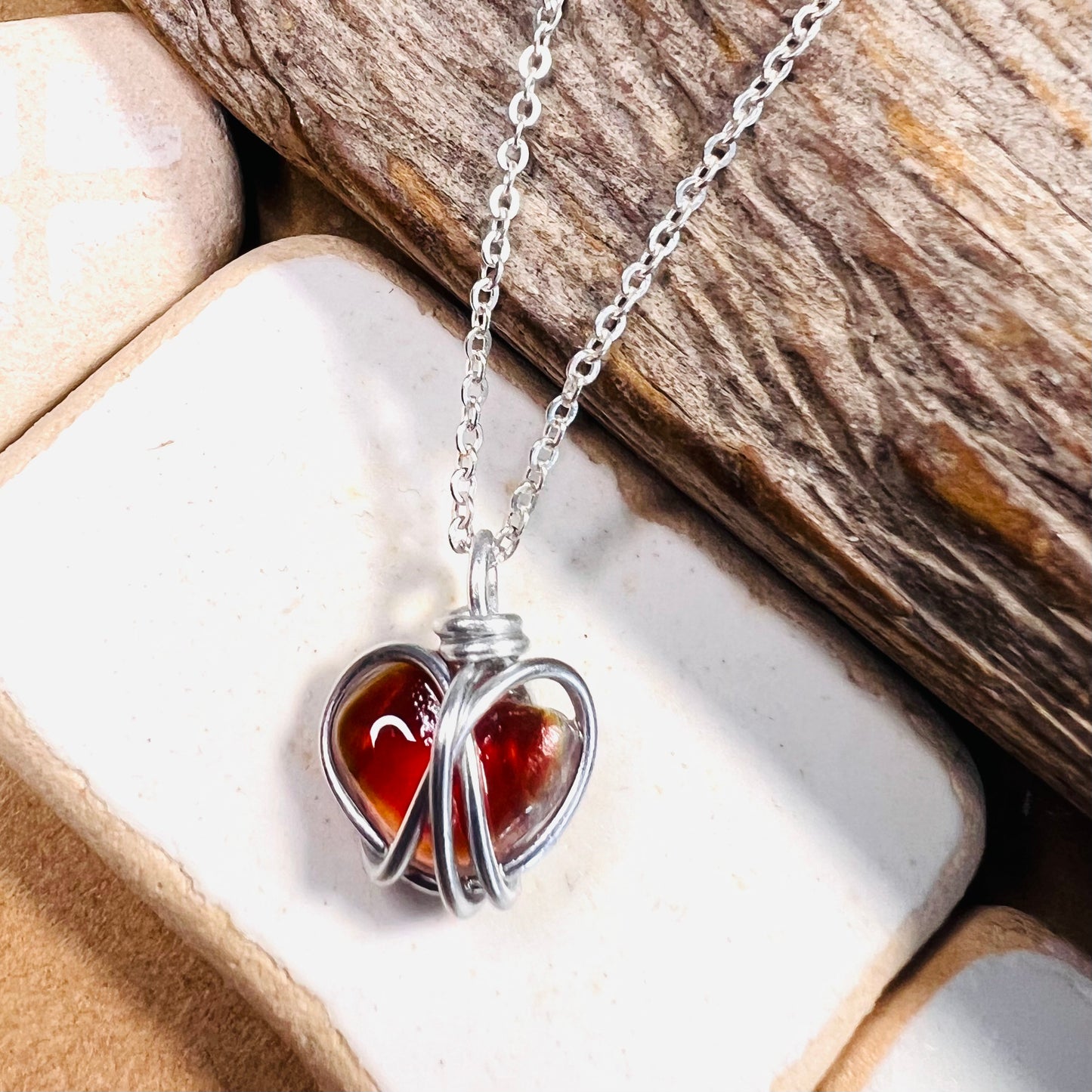 Small Rare Orange Tones Seaham Sea Glass Heart Pendant