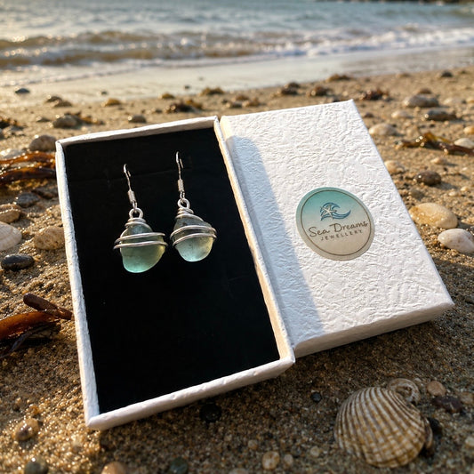 Pale Green Seaham Sea Glass Earrings