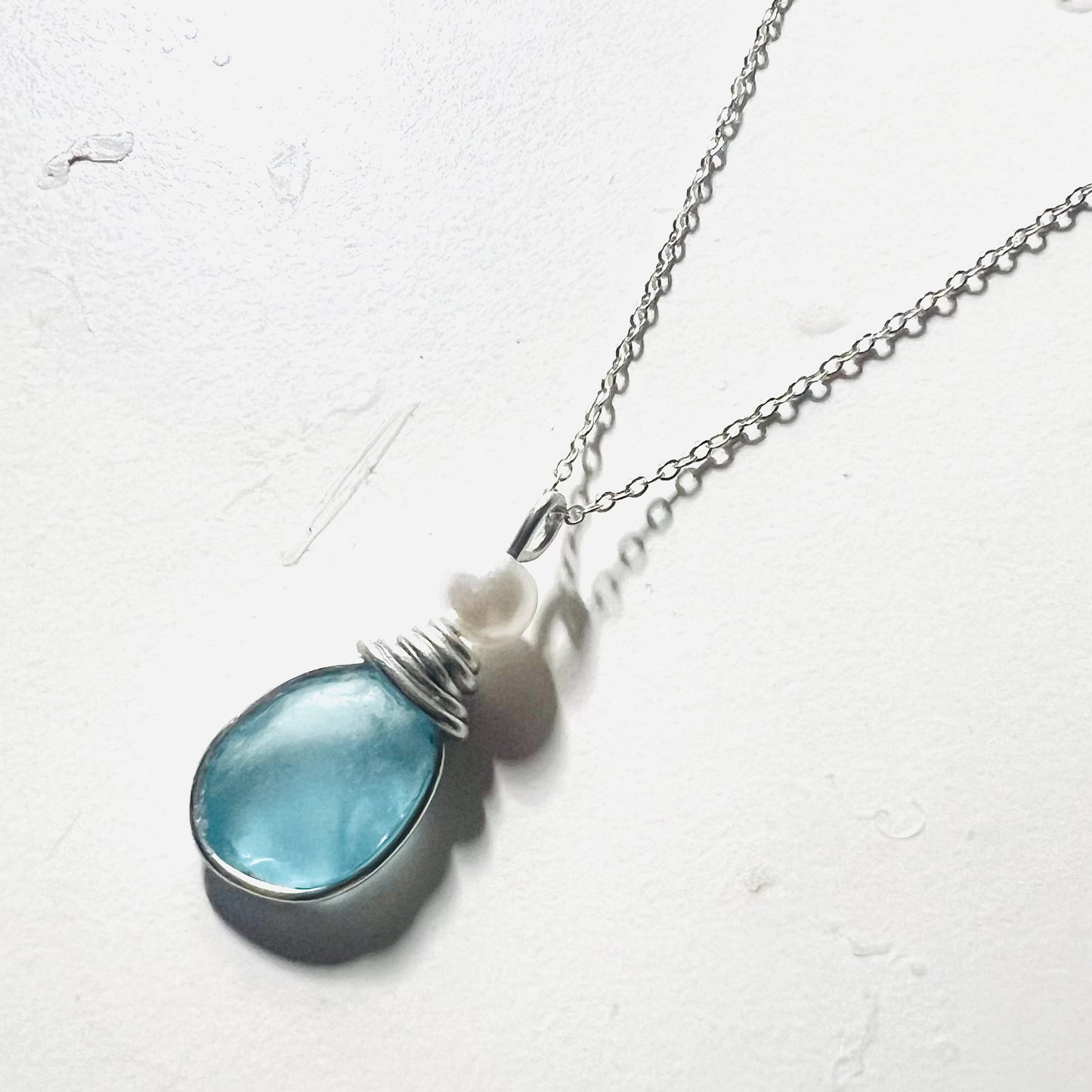Pale Bright Blue Seaham Sea Glass Pendant