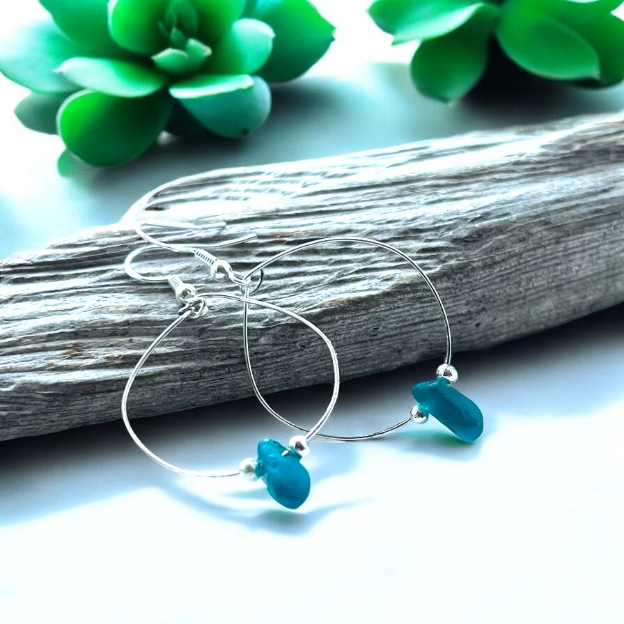 Dangly Turquoise Green Seaham Sea Glass Hoop Earrings