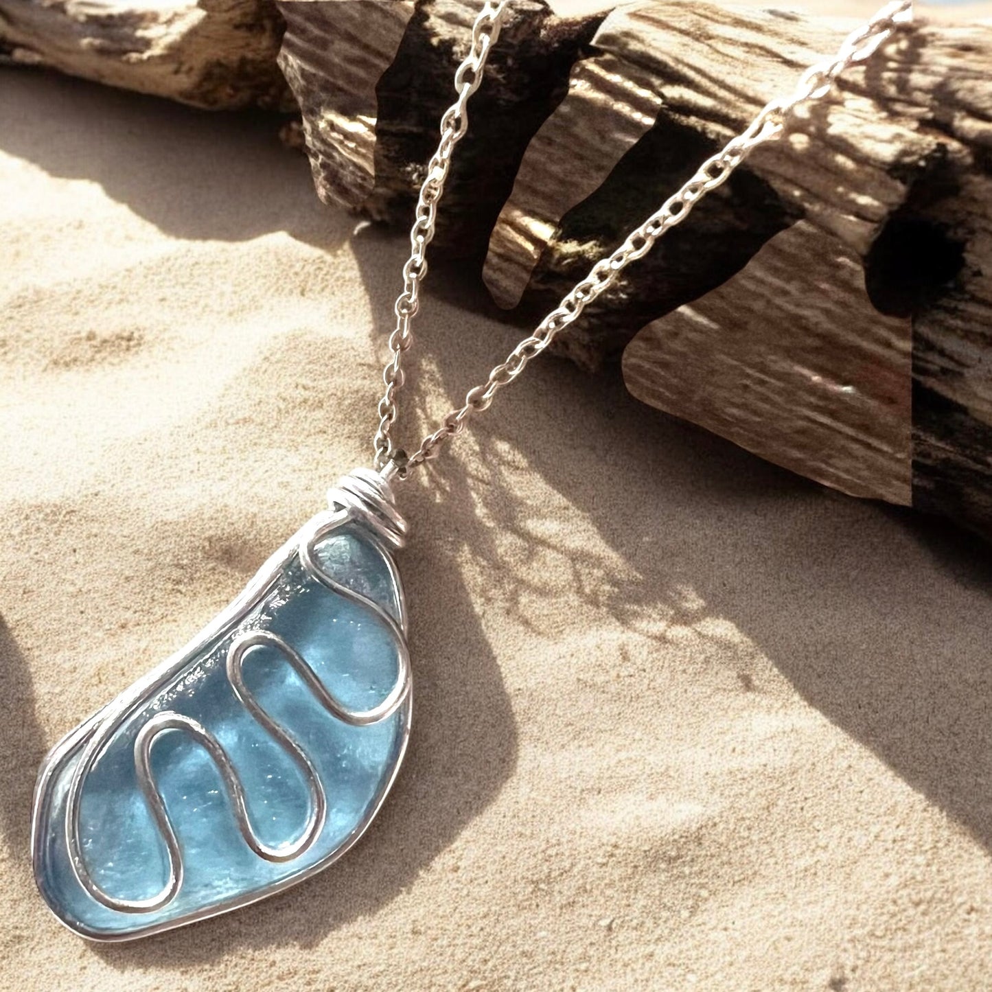 Large Dusky Blue Seaham Sea Glass Waves Glass Pendant