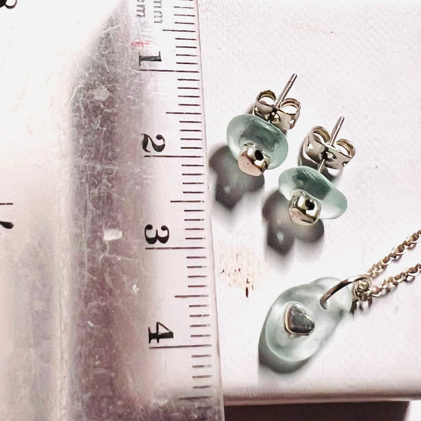 Cute Aqua Seaham Sea Glass Jewellery & Heart  Set