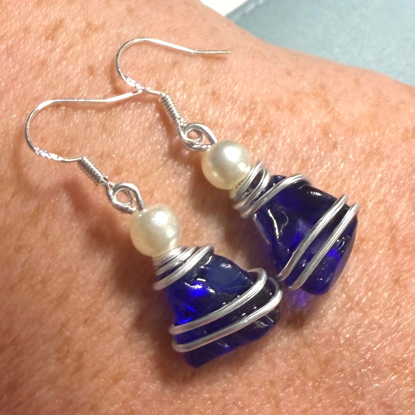 Deep Kent Blue Sea Glass Stud Earrings