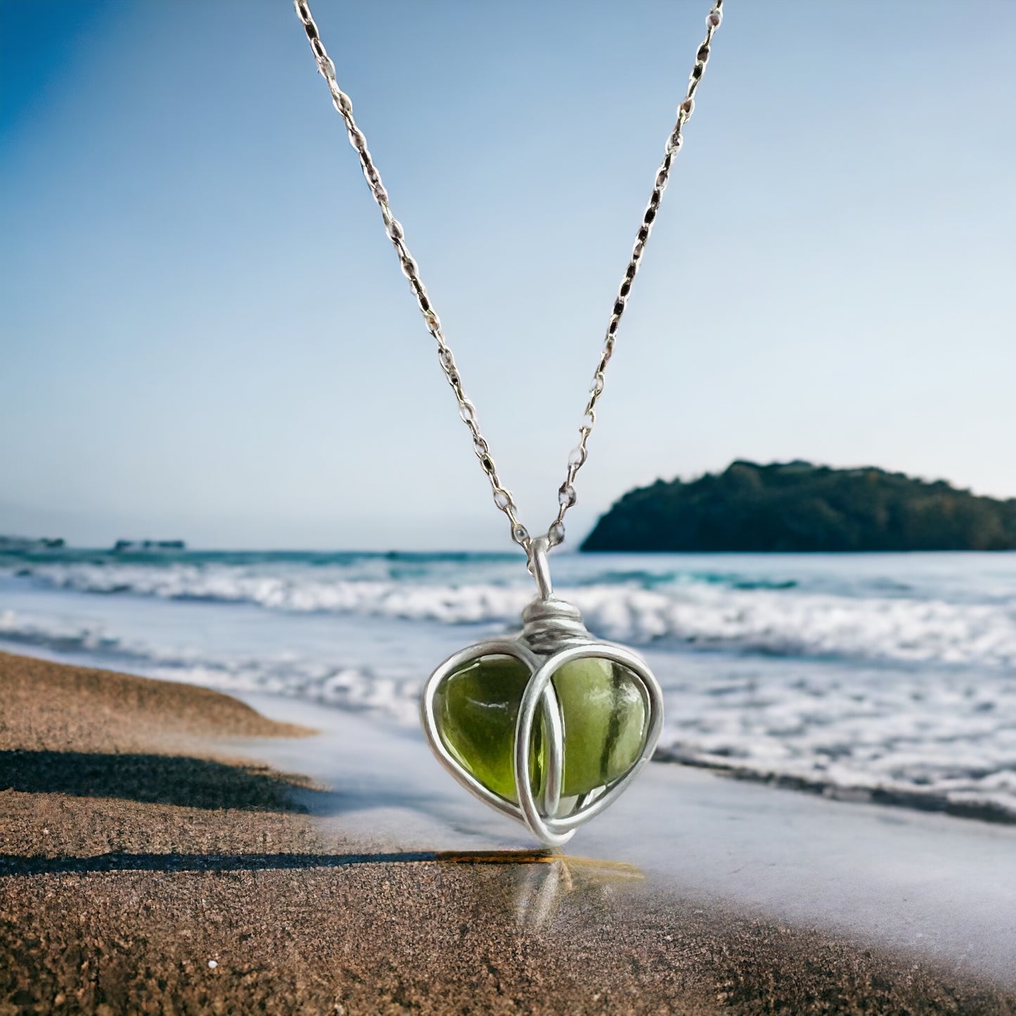 Cornish Sea Glass Green Heart Pendant