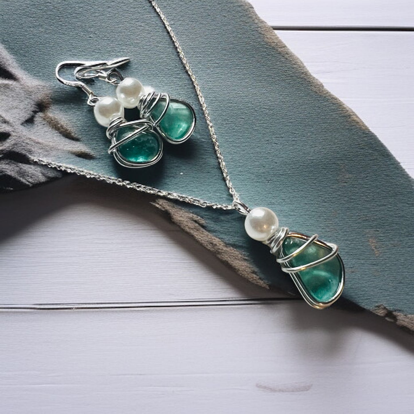Dusky Turquoise Green Seaham Sea Glass Jewellery Set
