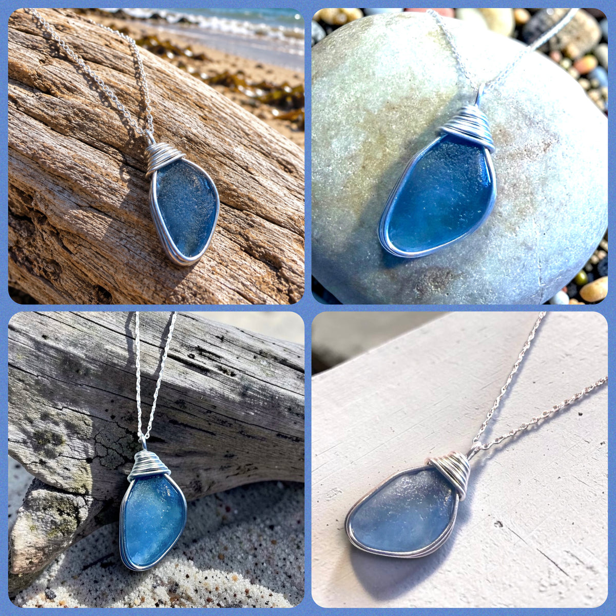 Large Mid Blue Seaham Sea Glass Pendant