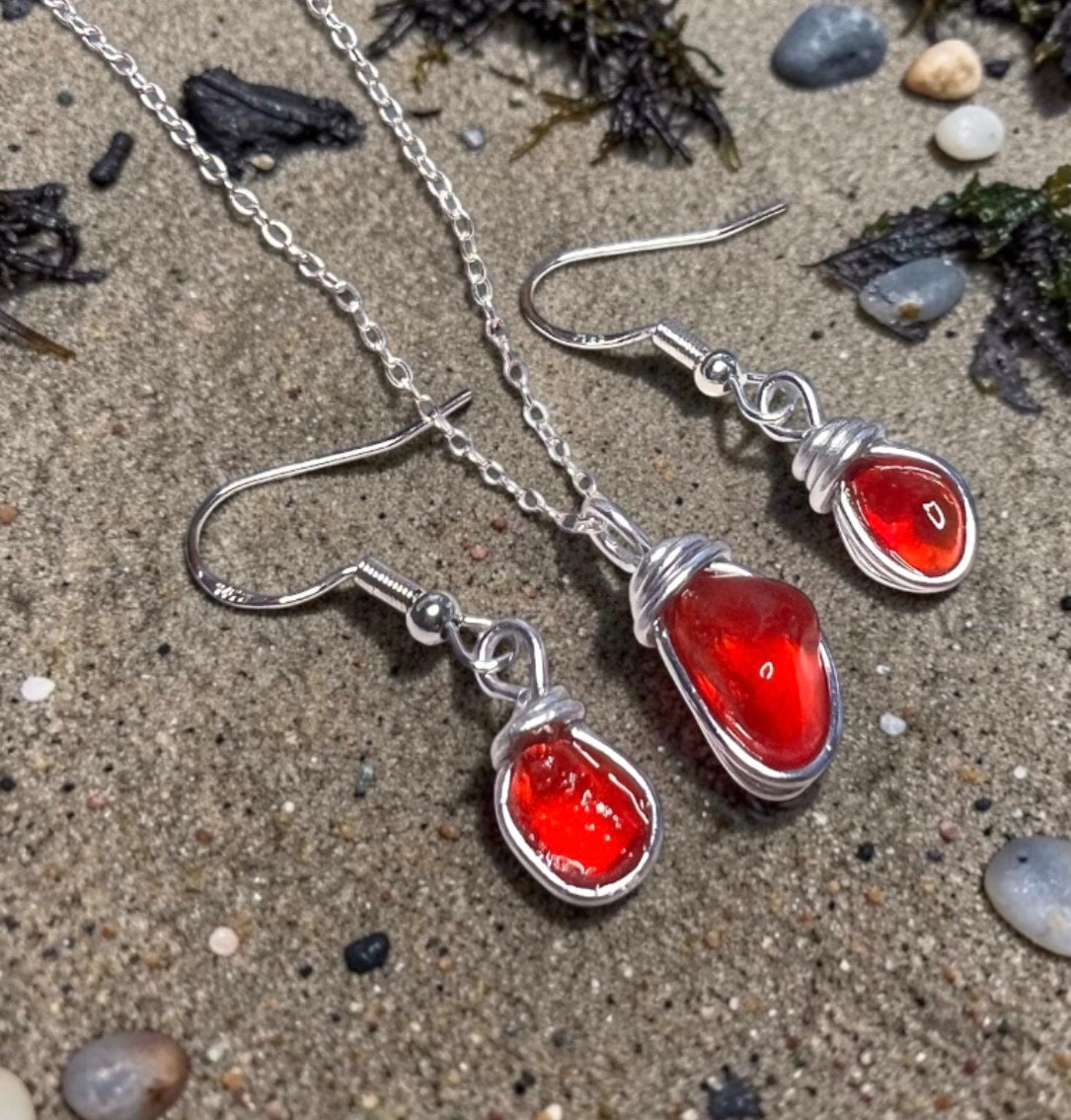 Rare Deep Orange/Red Seaham Sea Glass Jewellery Set