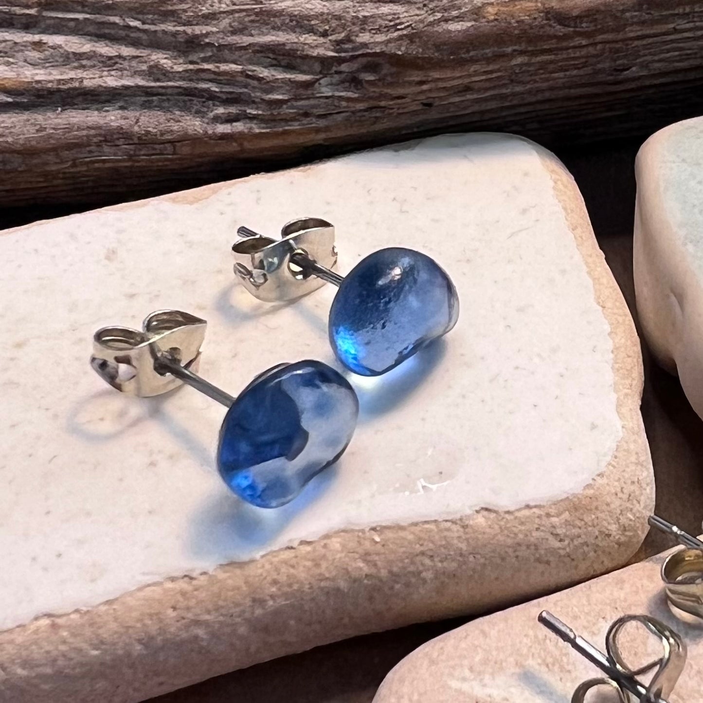 Blue Sea Glass Stud Earrings