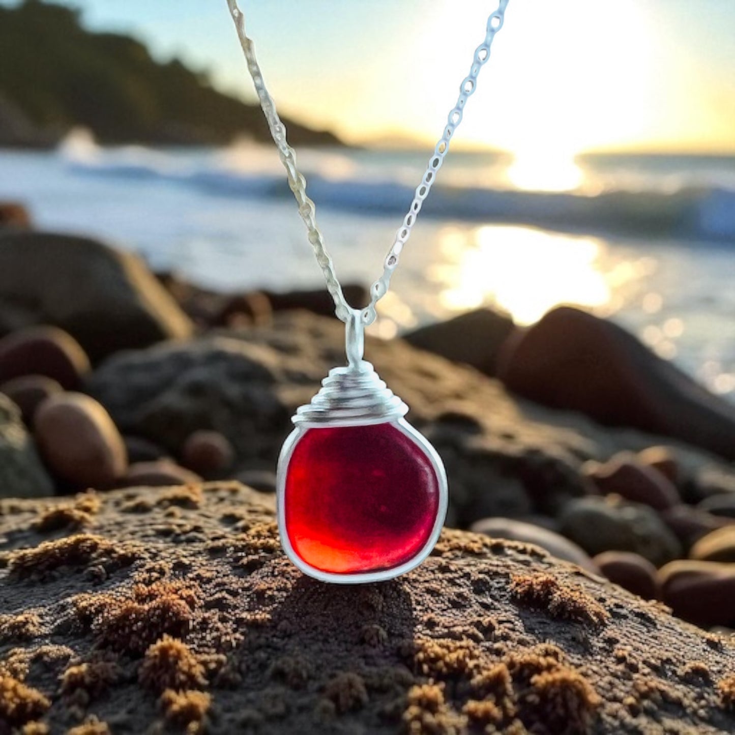 Large Very Rare Red and Orange Seaham Sea Glass Pendant