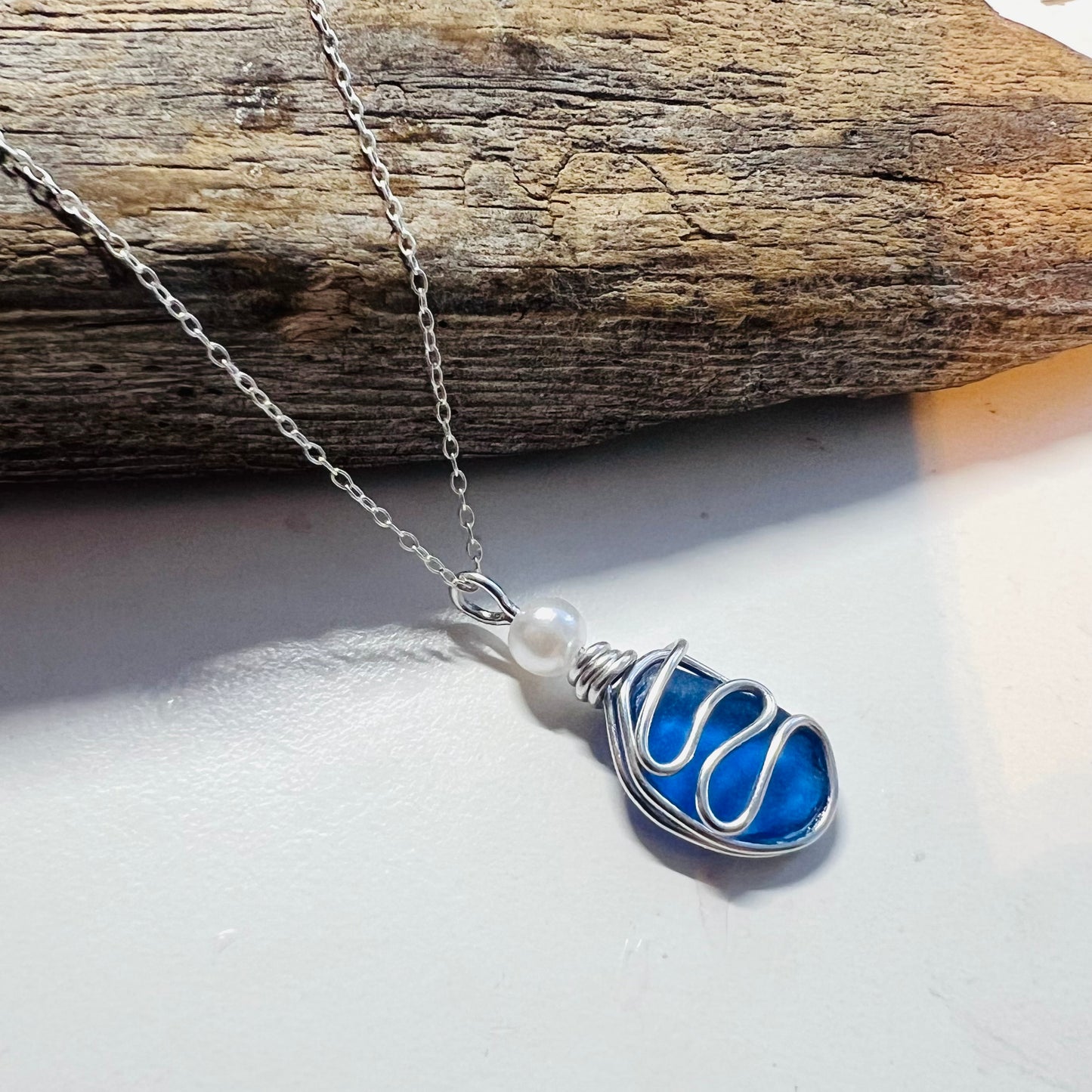 Mid Blue Seaham Sea Glass Waves Pendant