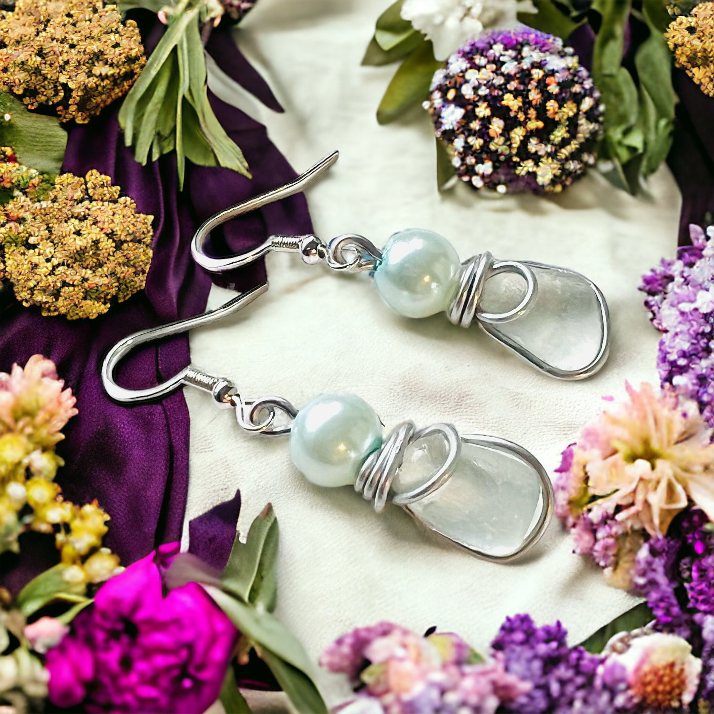 Sea Glass & Glass Pearl Mini Drop Earrings