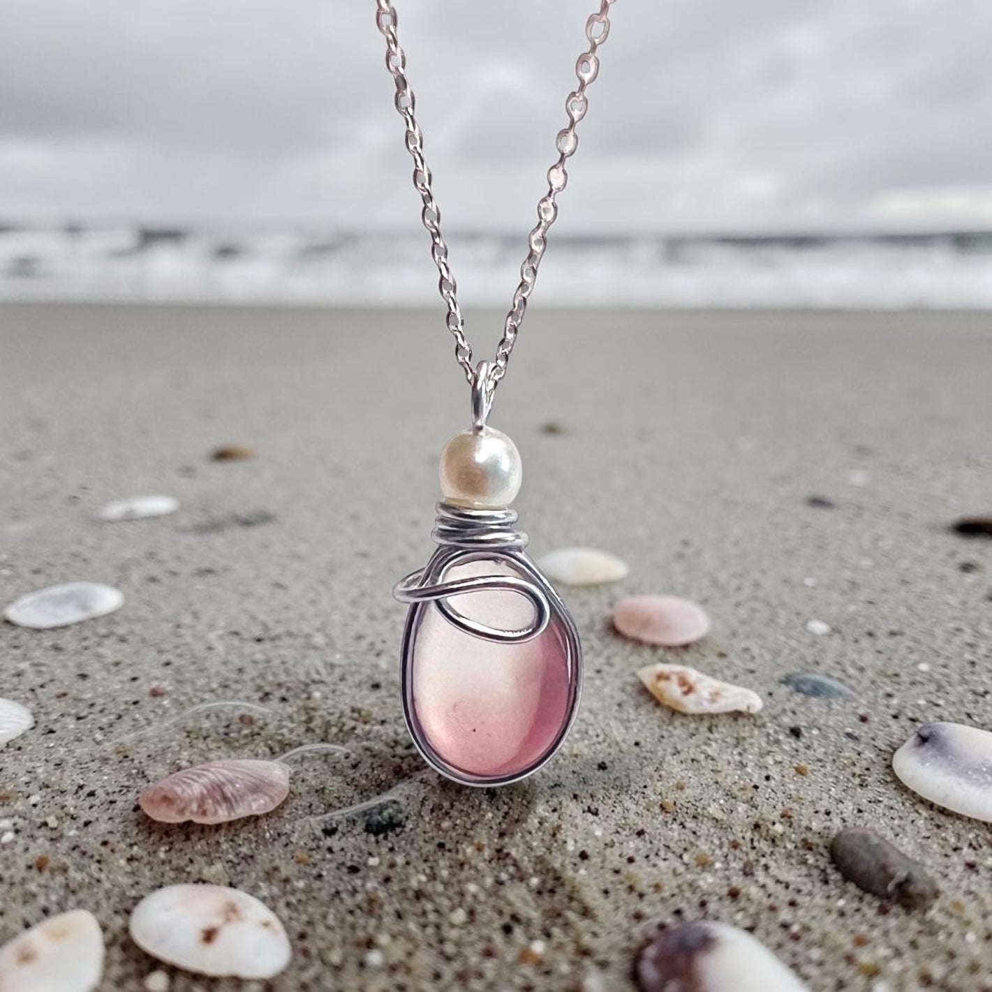 Mauve & White Seaham Sea Glass Multi Pendant