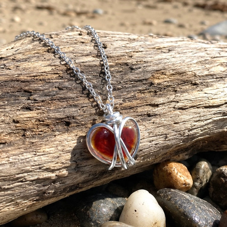 Small Rare Orange Tones Seaham Sea Glass Heart Pendant