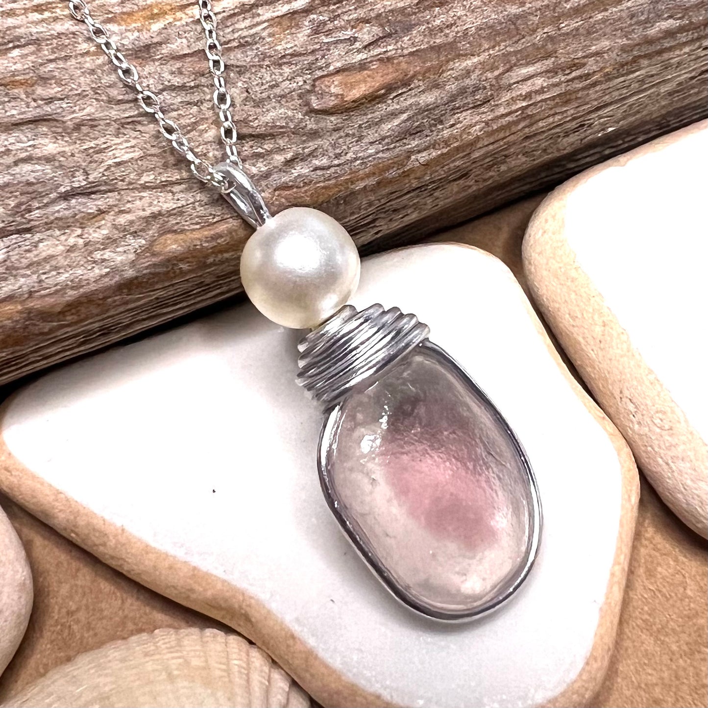 Pale Pale Pink & White Seaham Sea Glass Multi Pendant