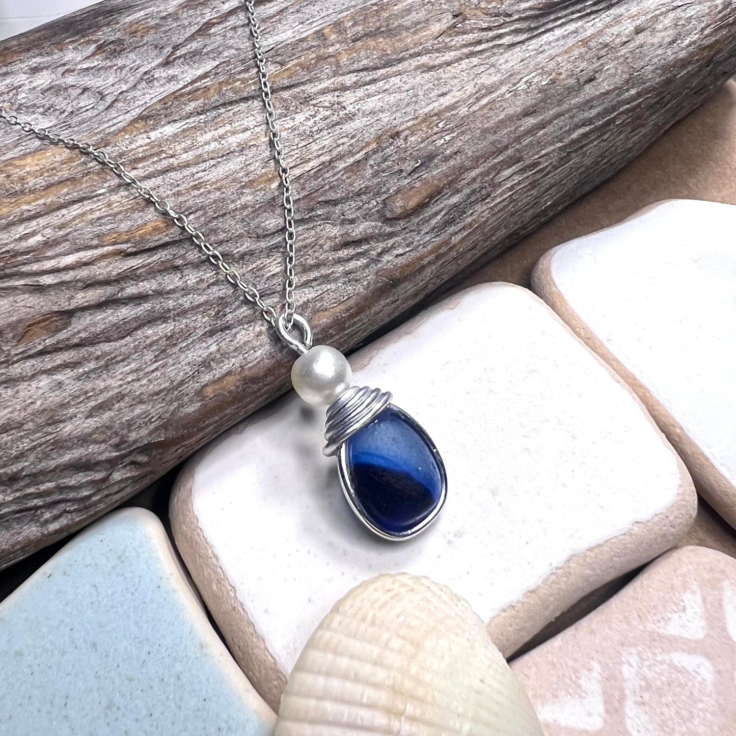 Seaham Sea Glass Multi Tone Blues  Pendant