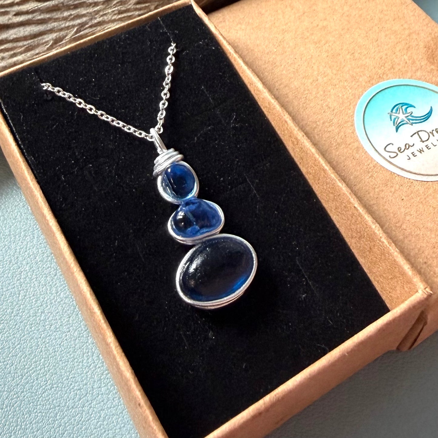 Blue Three Piece Seaham Sea Glass Pendant