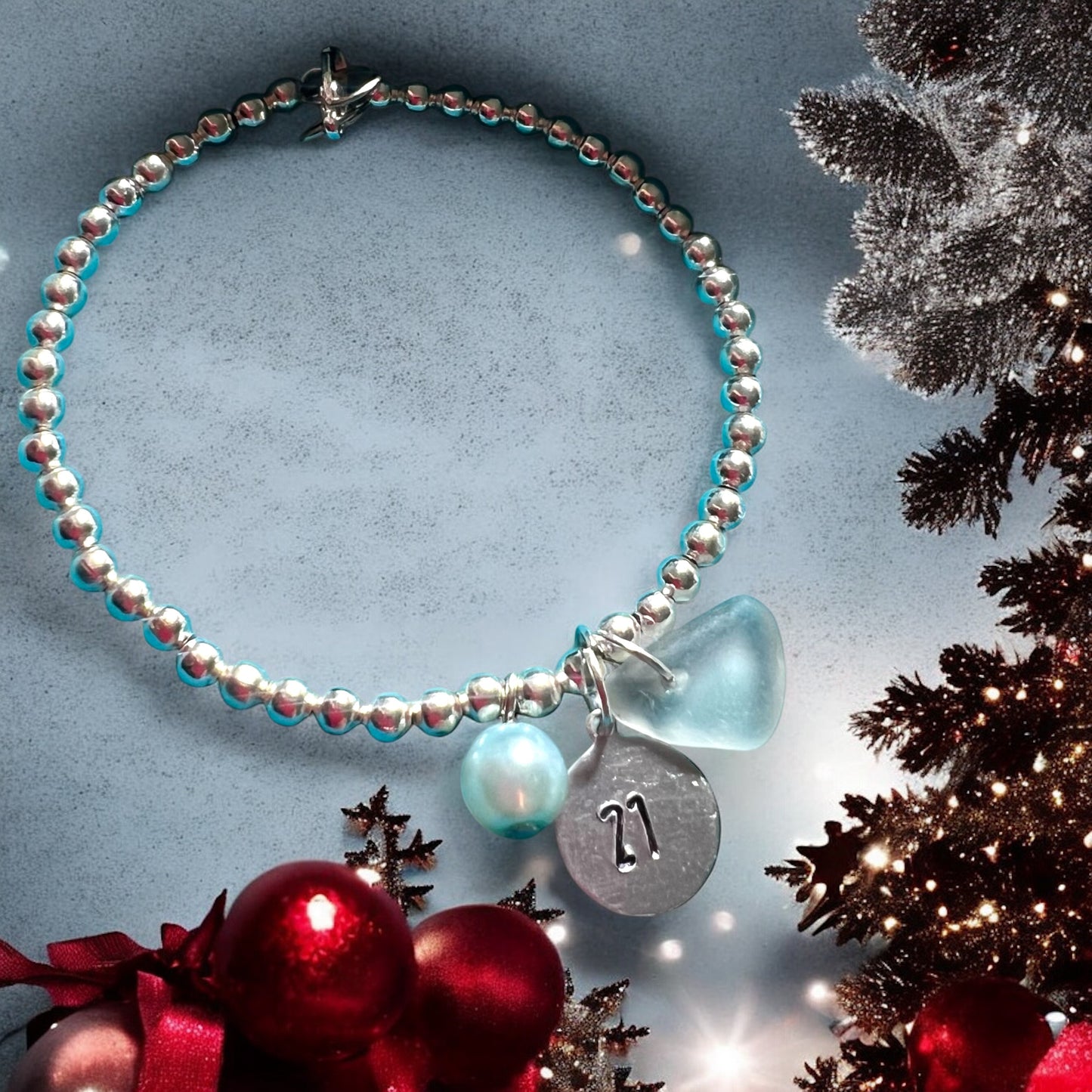 Hand Stamped Age or Date/ Initials Charm and Sea Glass Bracelet
