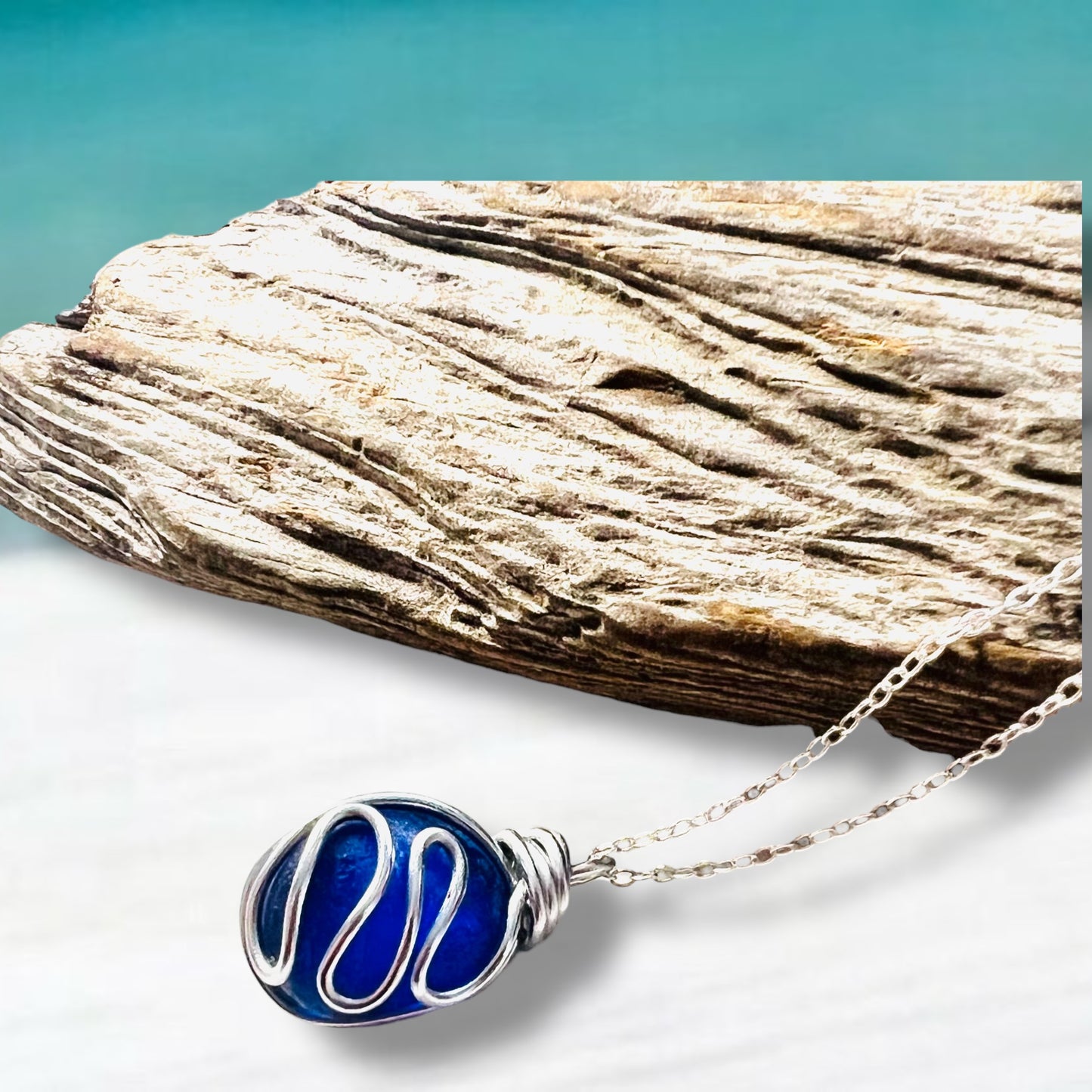 Cobalt Blue Seaham Sea Glass Waves Pendant
