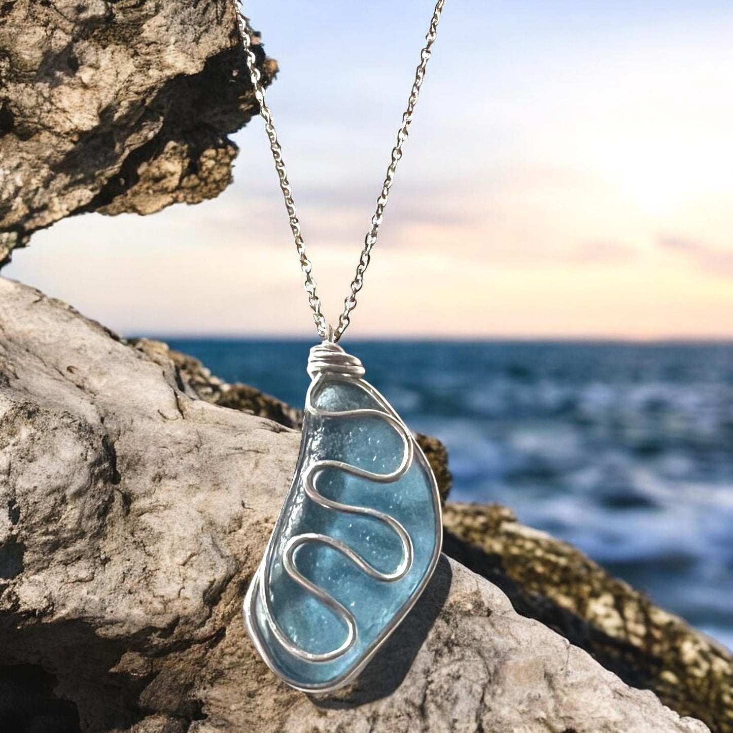 Large Dusky Blue Seaham Sea Glass Waves Glass Pendant