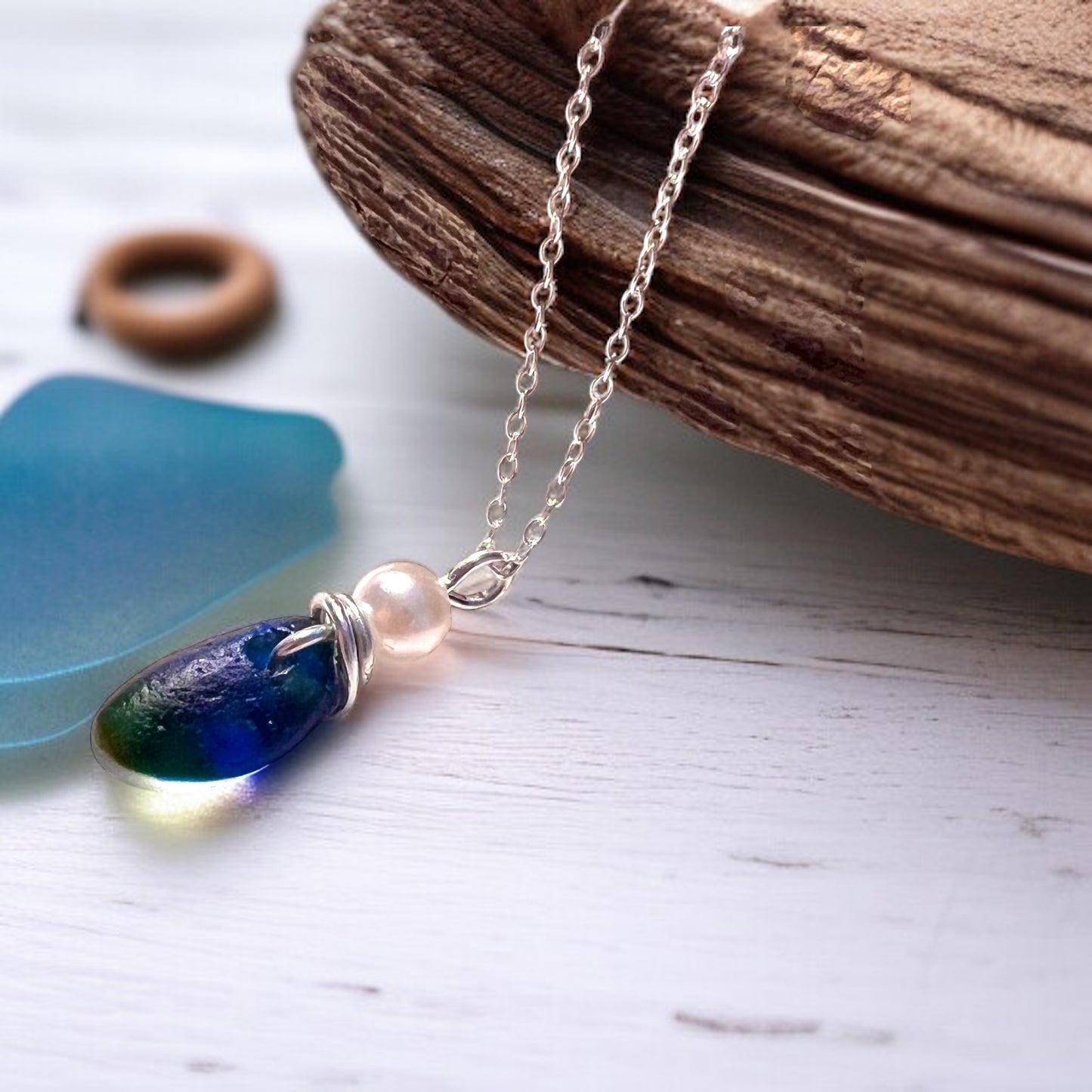 Deep Blue and Green Seaham Sea Glass Multi Pendant