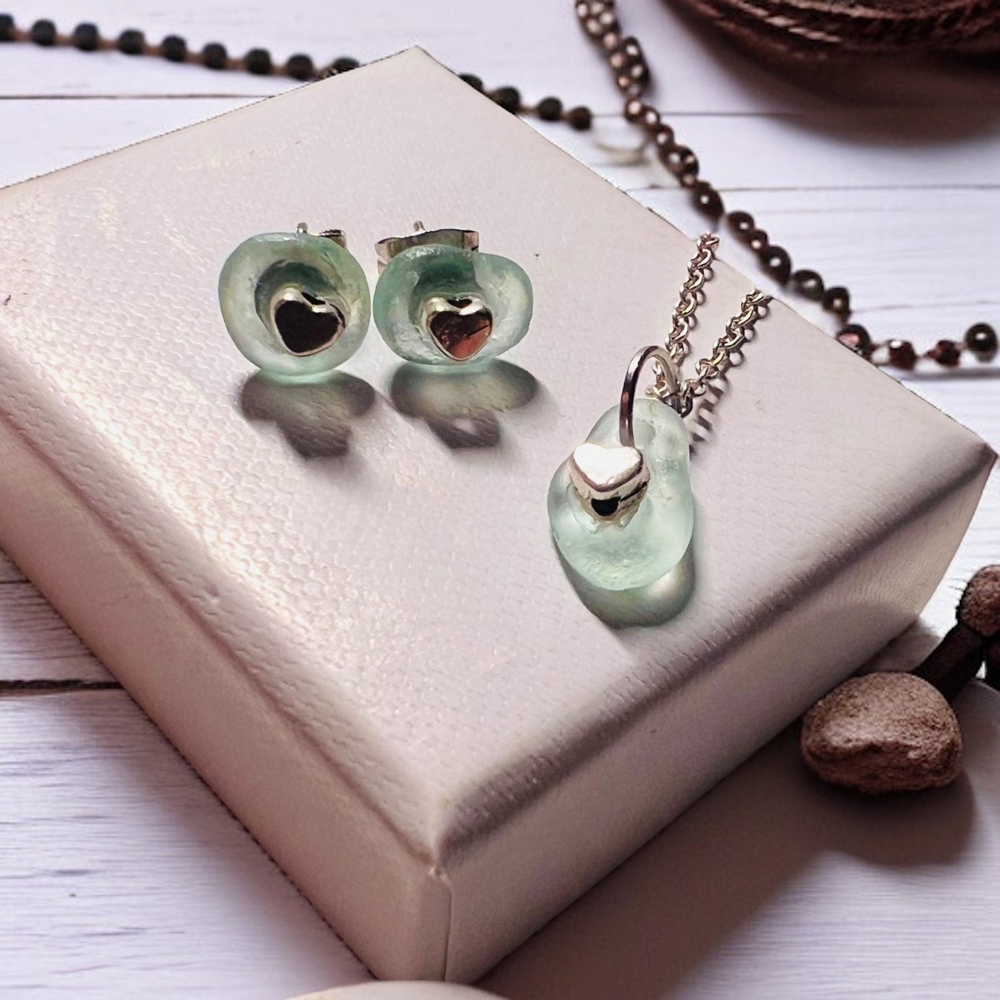 Cute Aqua Seaham Sea Glass Jewellery & Heart  Set