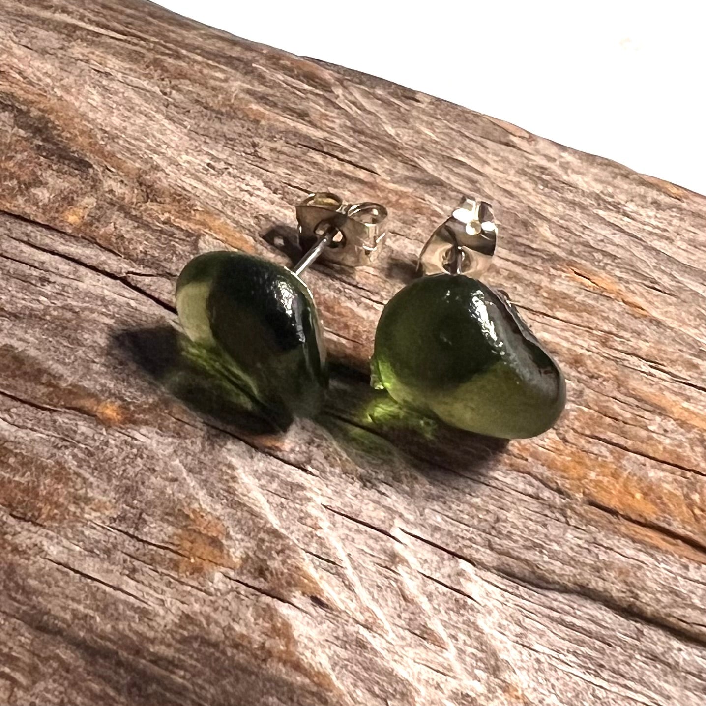 Olive Green Seaham Glass Stud Earrings