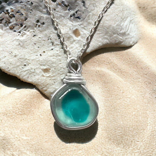 Rare Bright Turquoise and White Multi Tone  Seaham Sea Glass Pendant