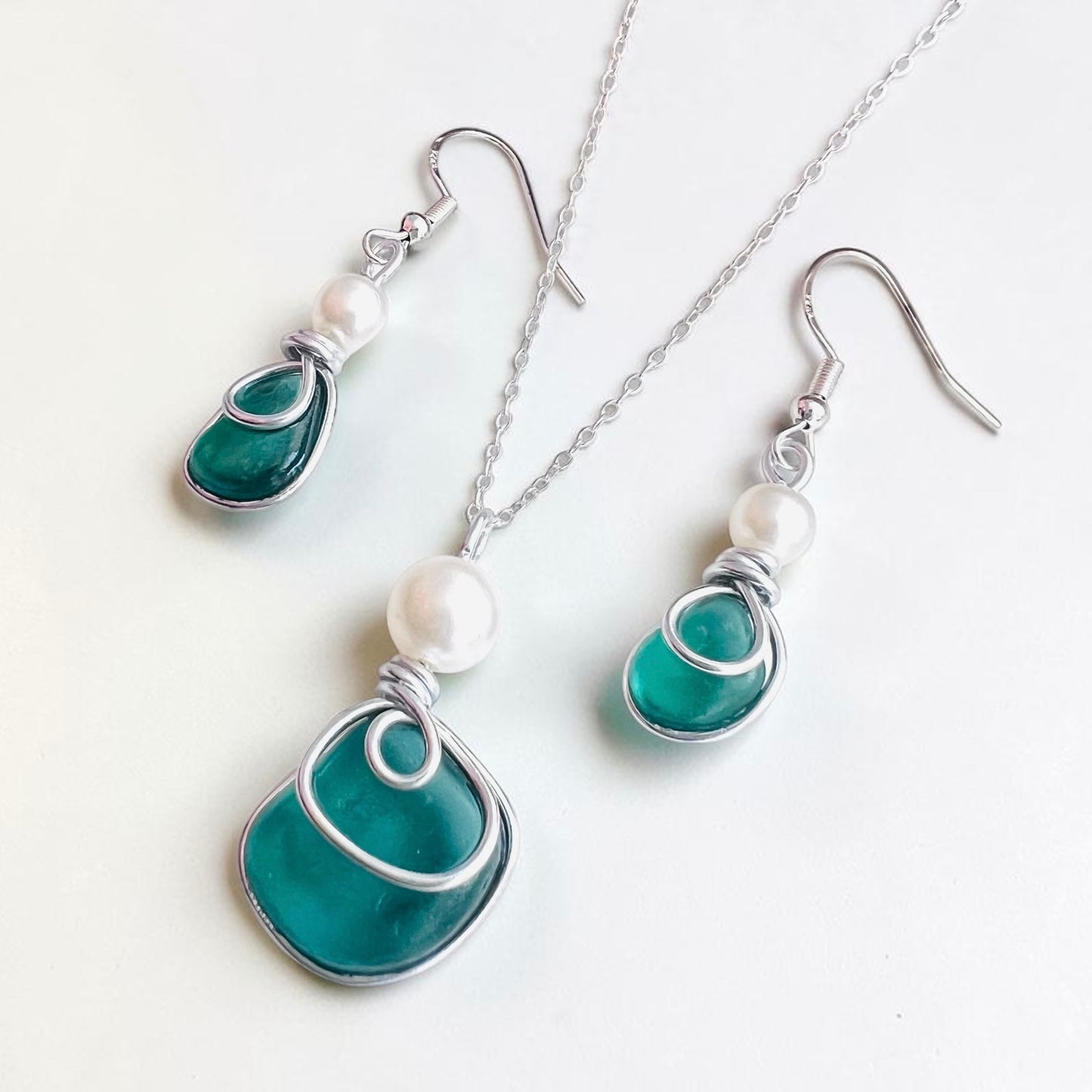 Turquoise Green Seaham Sea Glass Jewellery Set