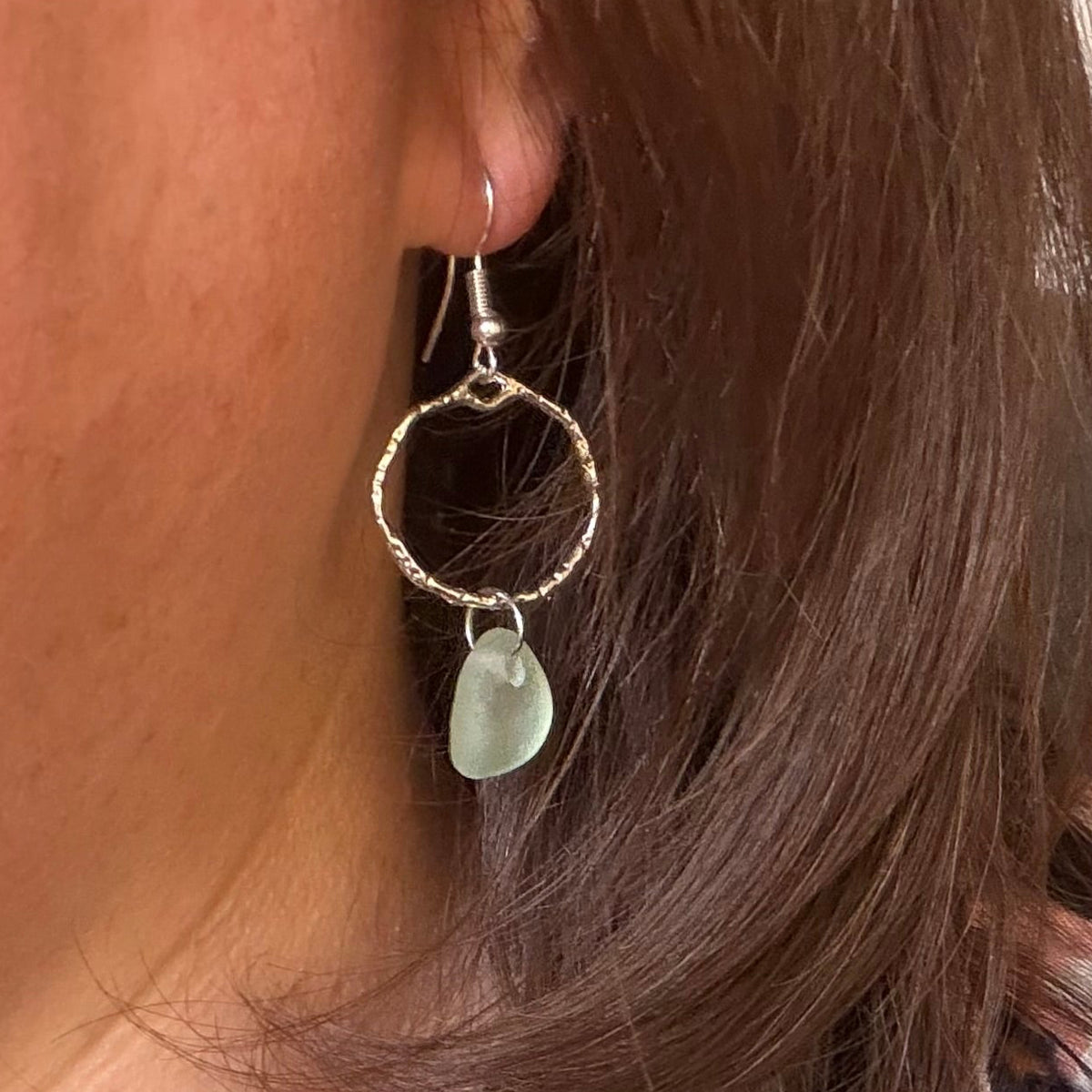 Pale Aqua Seaham Sea Glass Frame Circle Drop Earrings