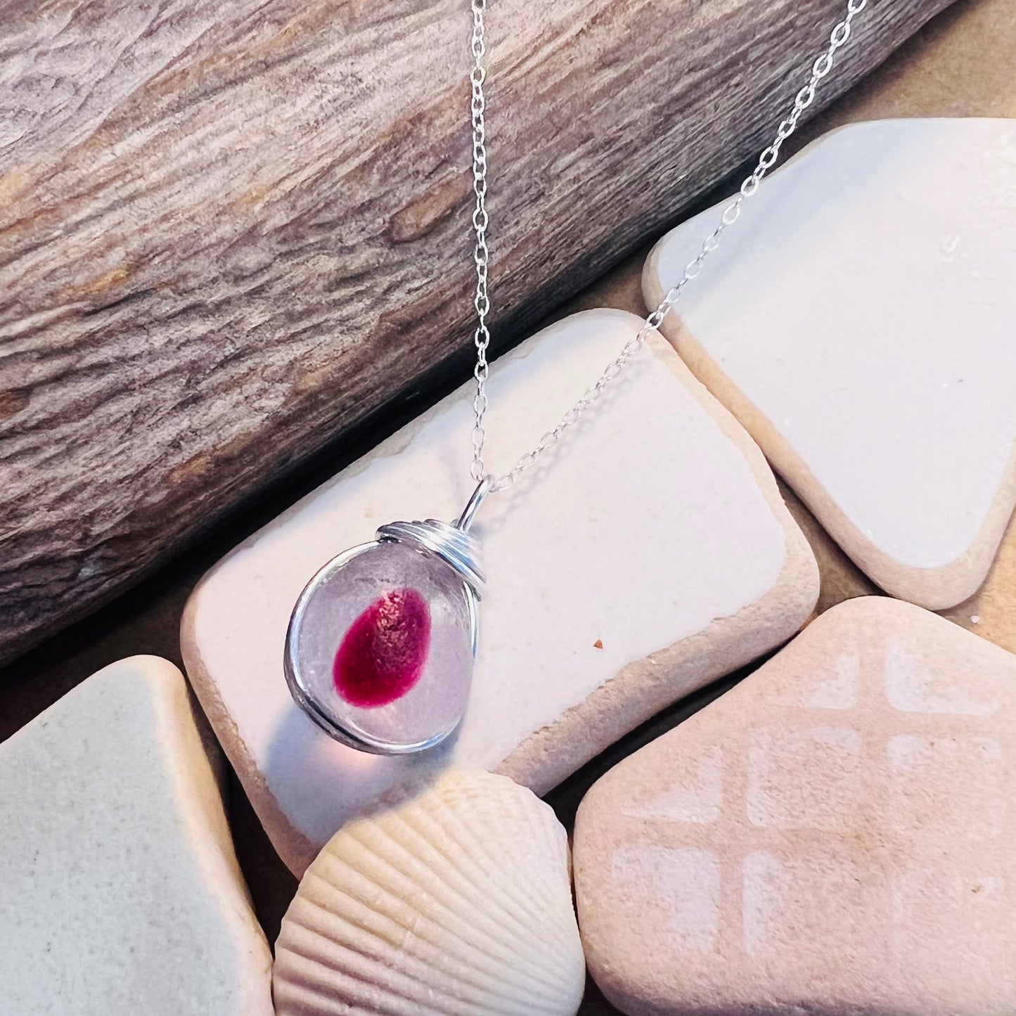 Large Pink & White Seaham Sea Glass Multi Pendant