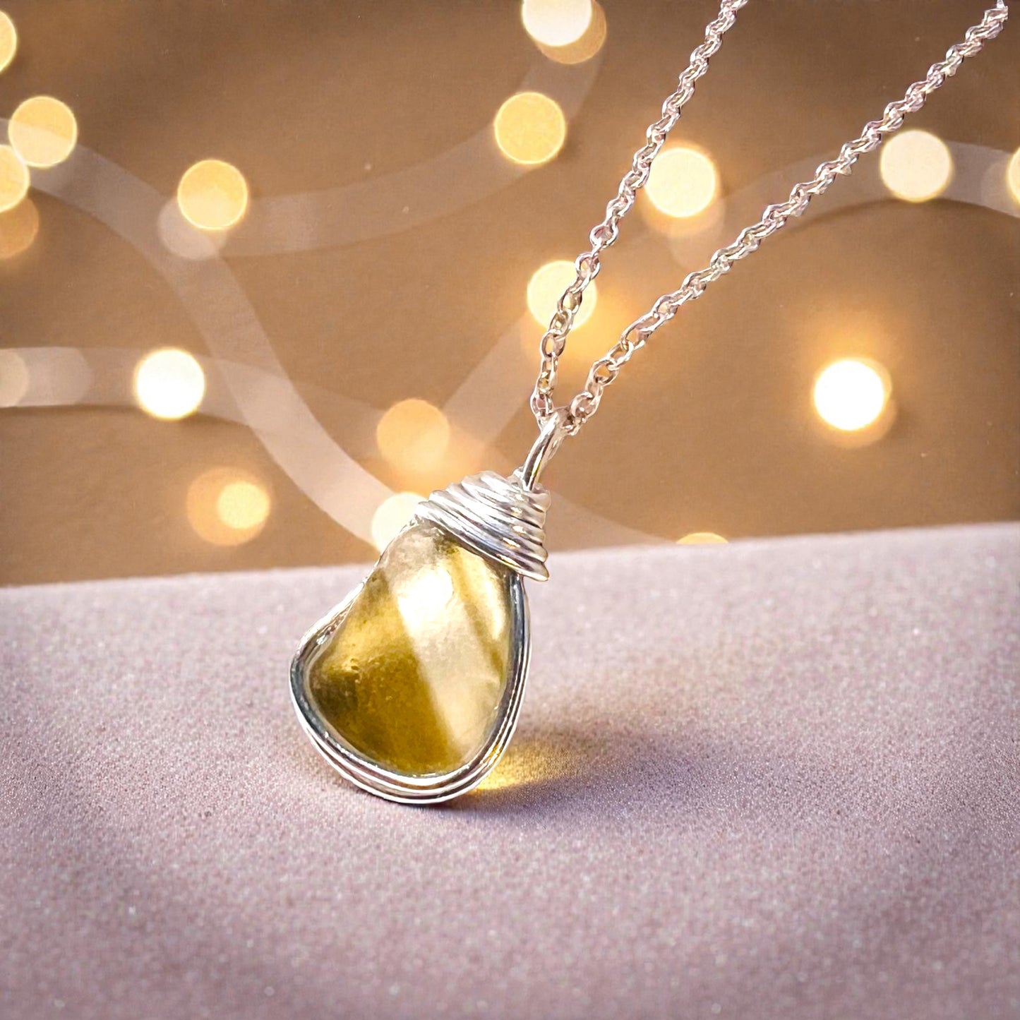 Rare Olive Stripes Green Seaham Sea Glass Chunky Pendant