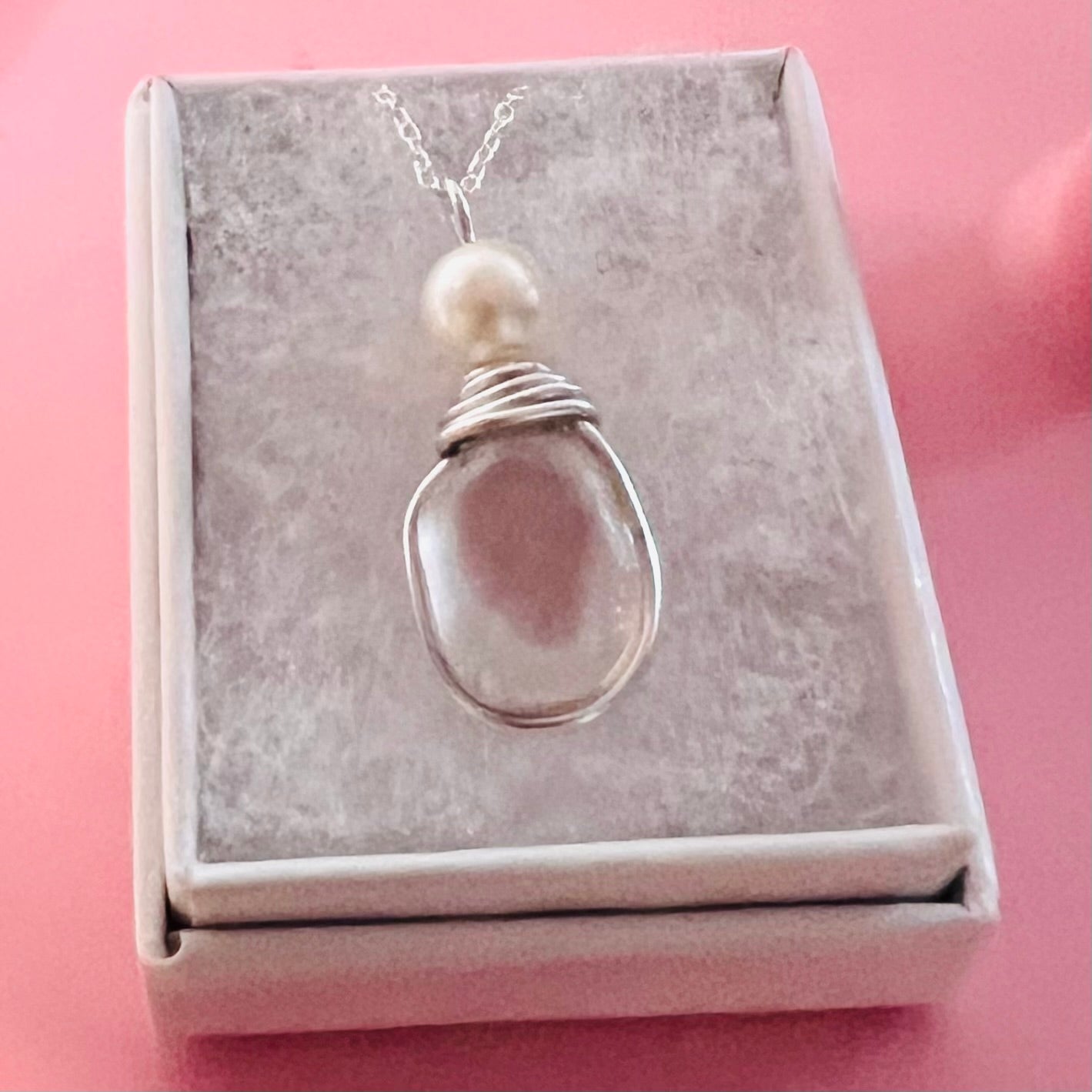 Pale Pale Pink & White Seaham Sea Glass Multi Pendant