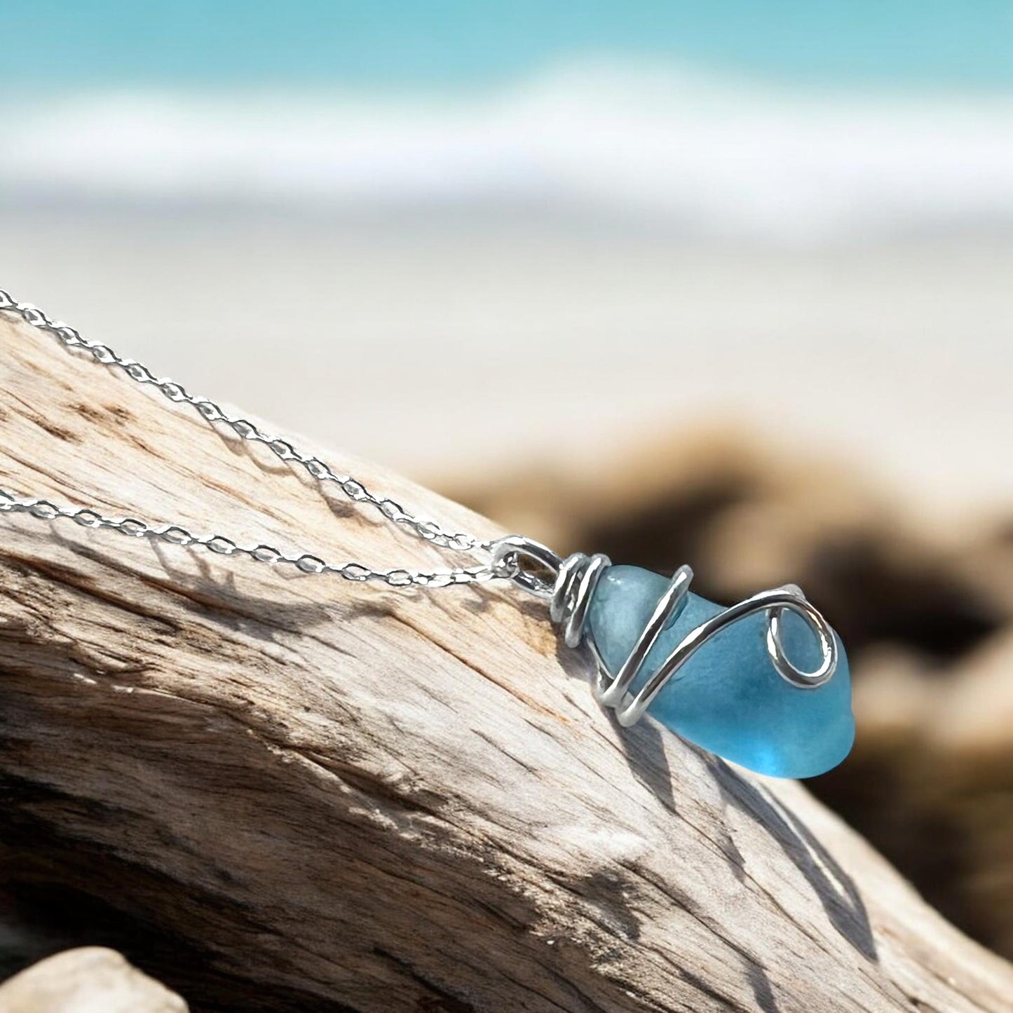 Rare Pale Bright Blue Seaham Sea Glass Pendant