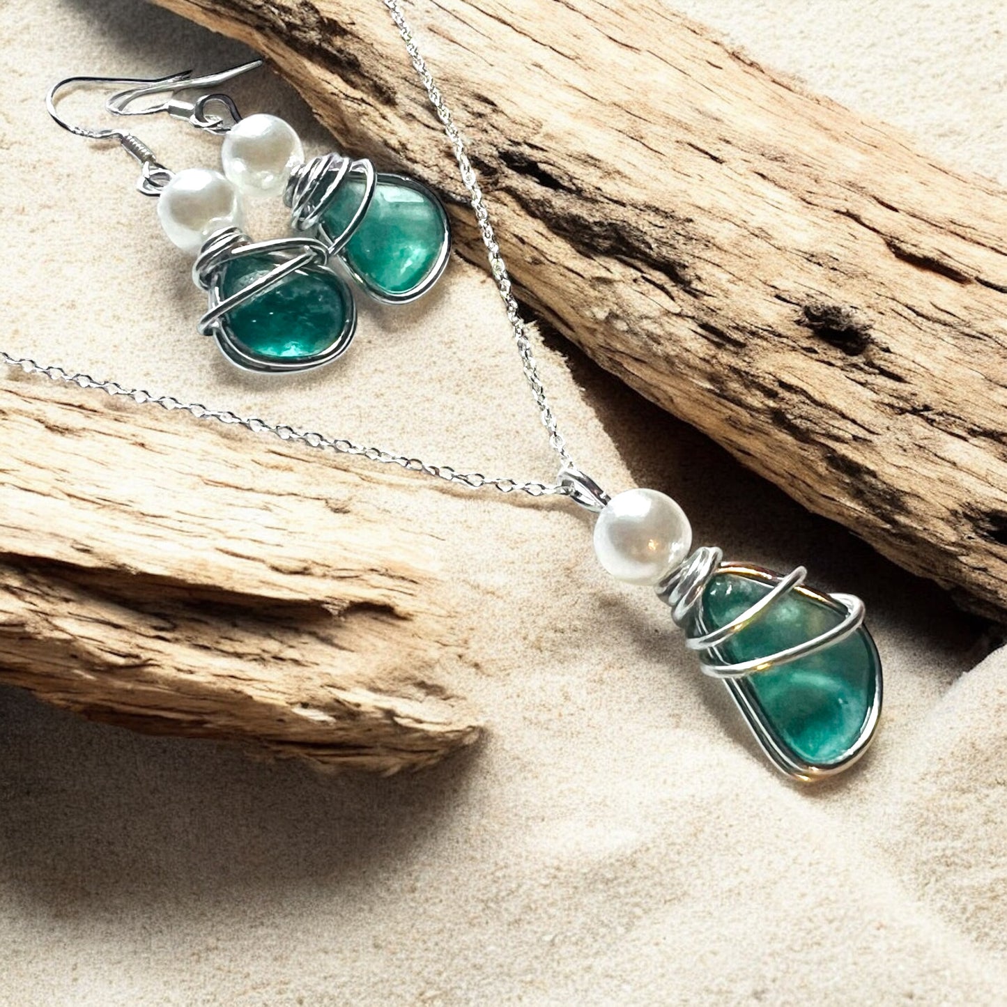 Dusky Turquoise Green Seaham Sea Glass Jewellery Set